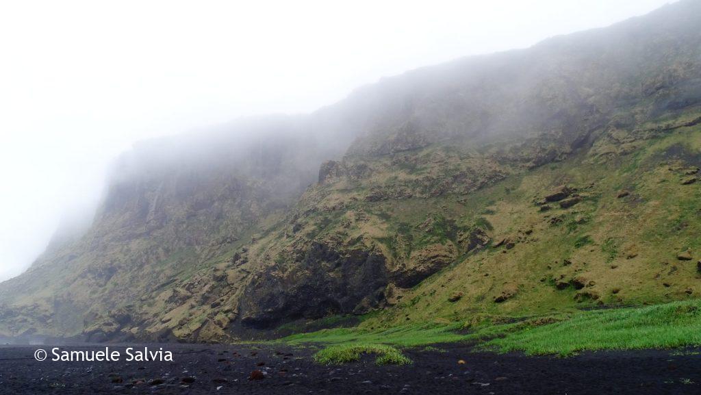 Il contrasto netto tra il nero della sabbia di Vík e il verde della vegetazione.