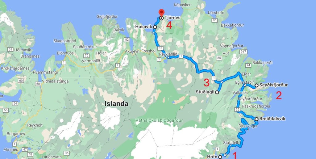 Giorno 5 in Islanda: il villaggio vichingo e Stokksnes (1), Seyðisfjörður (2), il canyon di Stuðlagil (3) e infine la penisola di Tjörnes (4). I chilometri totali sono 570.