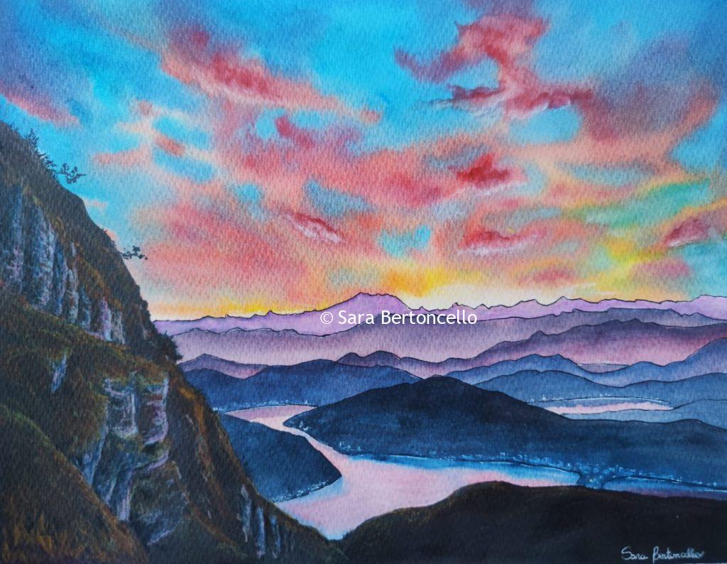 Tramonto dal Monte Generoso, disegno di Sara Bertoncello. Trovi tutti i suoi lavori su sbgoccedifantasia.weebly.com