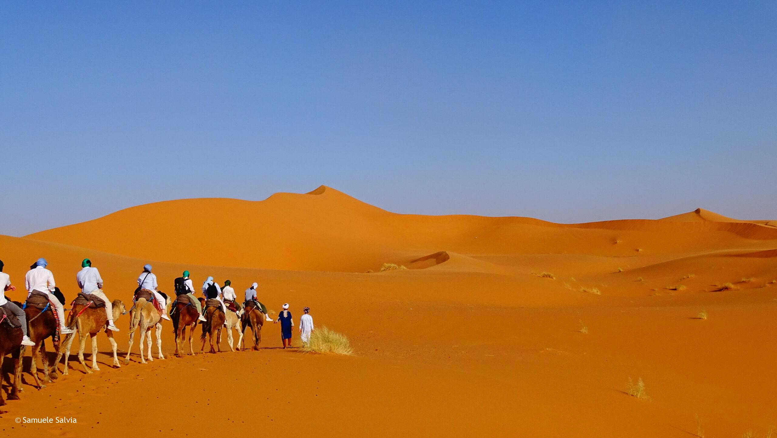 Carovana di turisti nel deserto del Sahara - tra le dune di Merzouga.